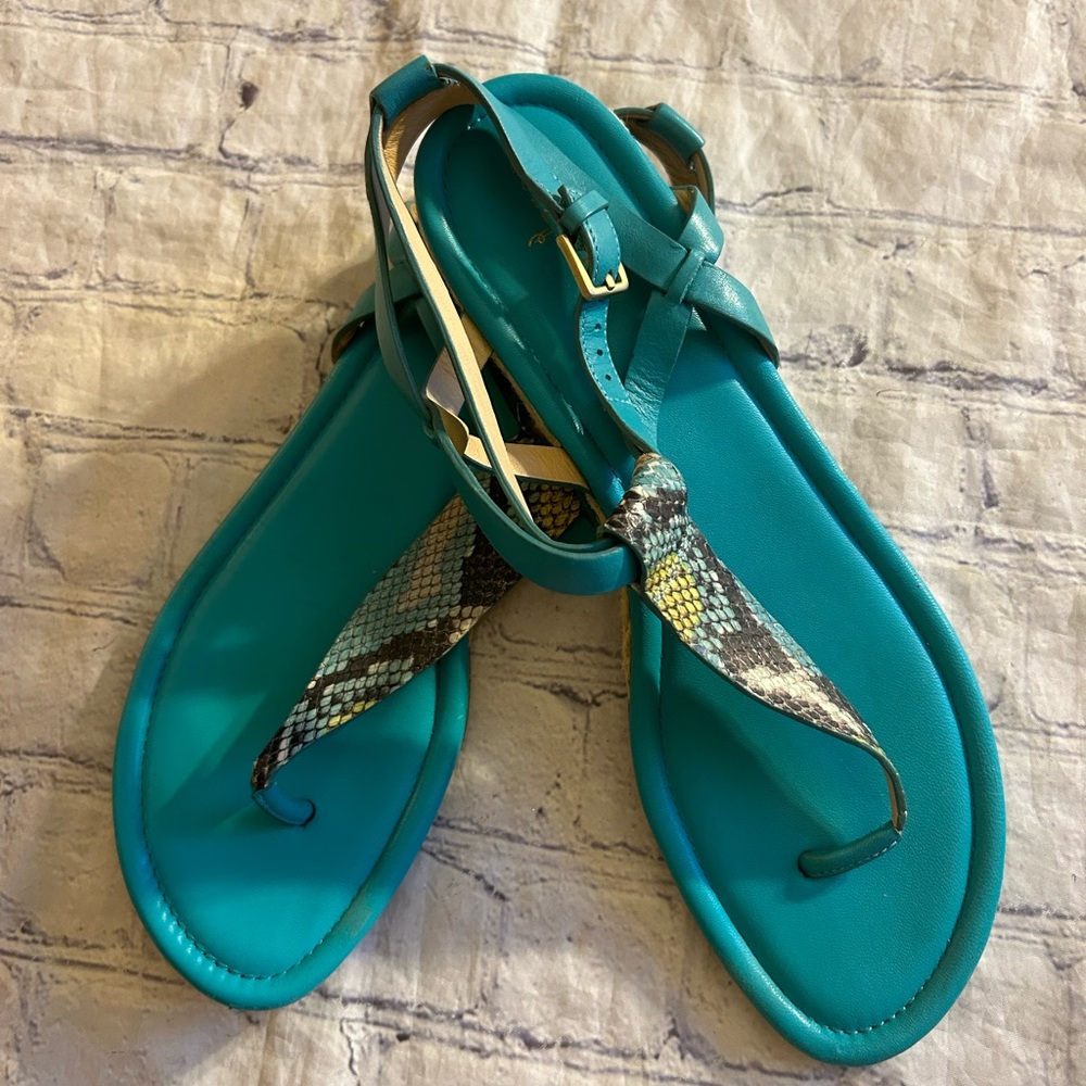 COLE HAAN THONG TEAL LEATHER SNAKE PRINT ACCENT SANDALS WOMENS SIZE 11B